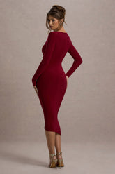 Berry Ruched Asymmetric Midi Dress
